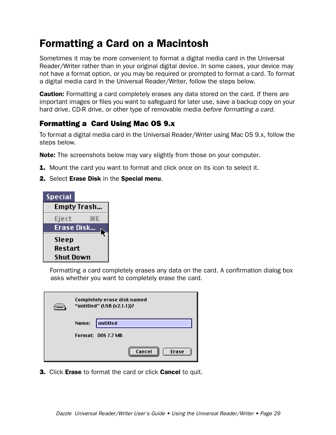 Dazzle Multimedia None manual Formatting a Card on a Macintosh, Formatting a Card Using Mac OS 