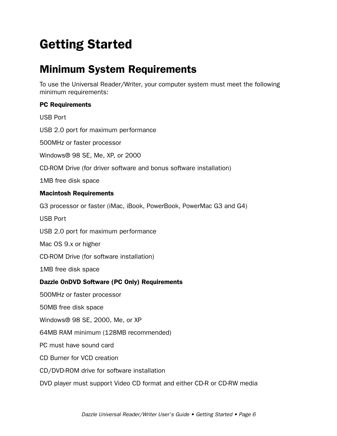 Dazzle Multimedia None manual Getting Started, Minimum System Requirements 