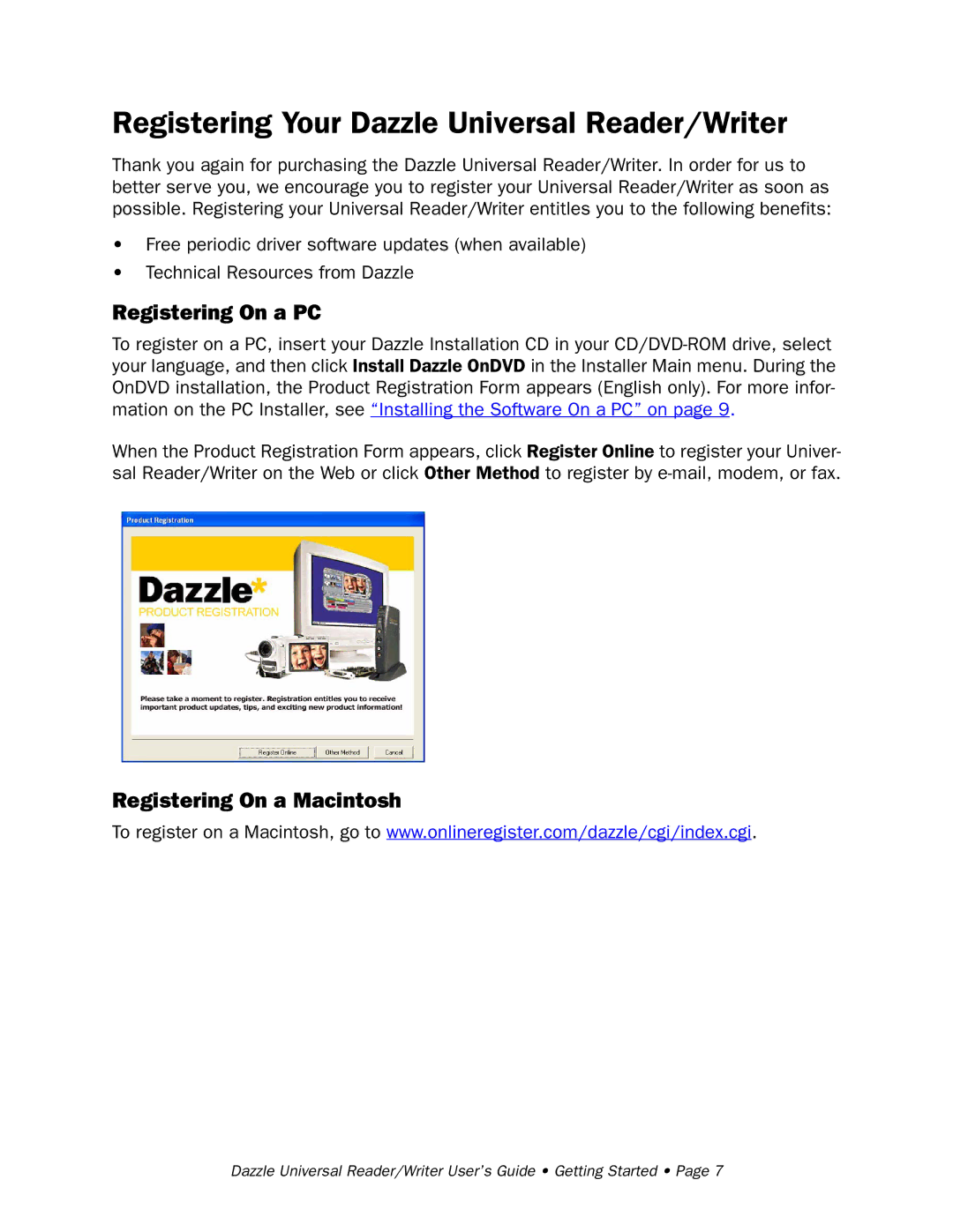 Dazzle Multimedia None Registering Your Dazzle Universal Reader/Writer, Registering On a PC, Registering On a Macintosh 