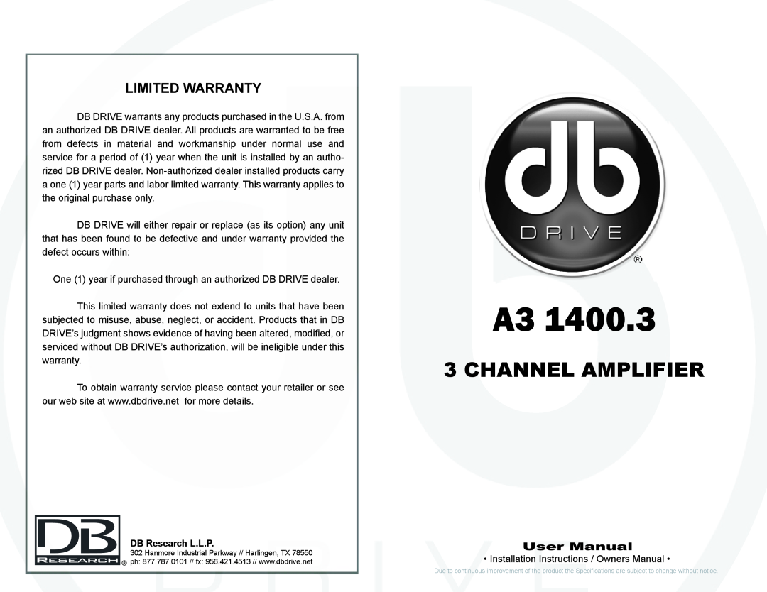 DB Drive 3 CHANNEL AMPLIFIER, A3 1400.3 specifications Channel Amplifier 