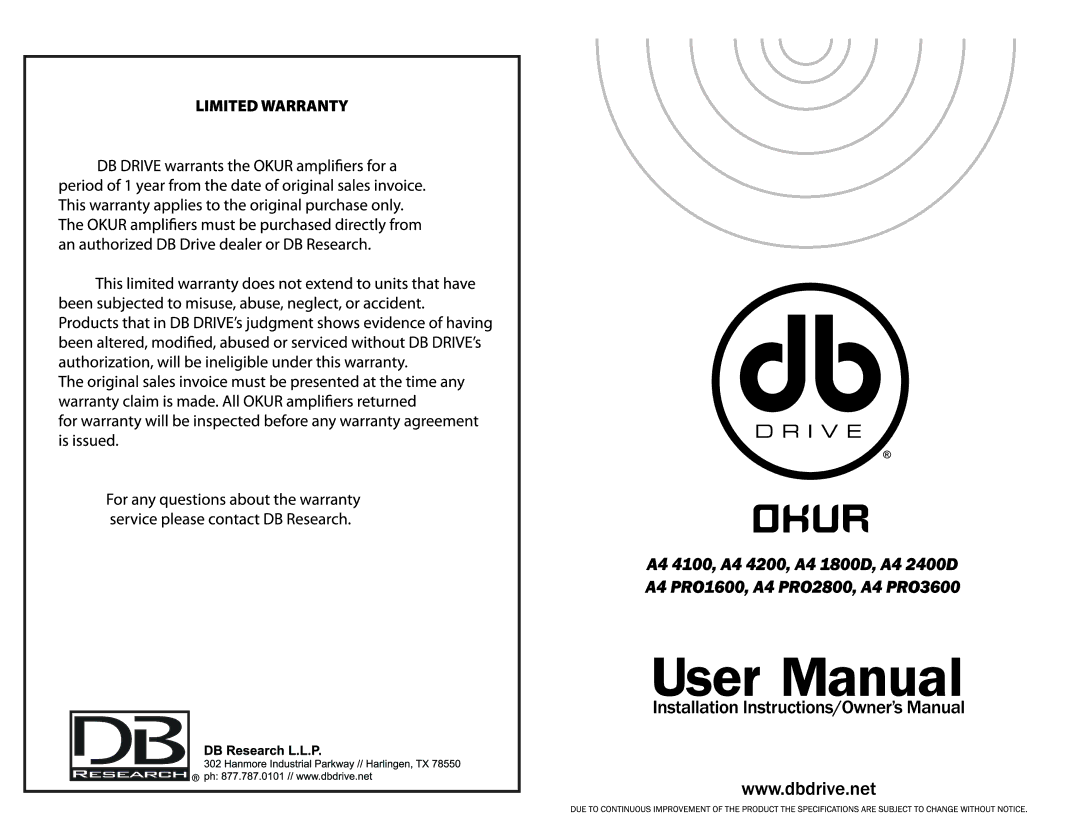 DB Drive A4 PRO2800, A4 PRO3600, A4 2400D, db Drive, A4 PRO1600, A4 4100, AR 1800D, A4 4200 manual 