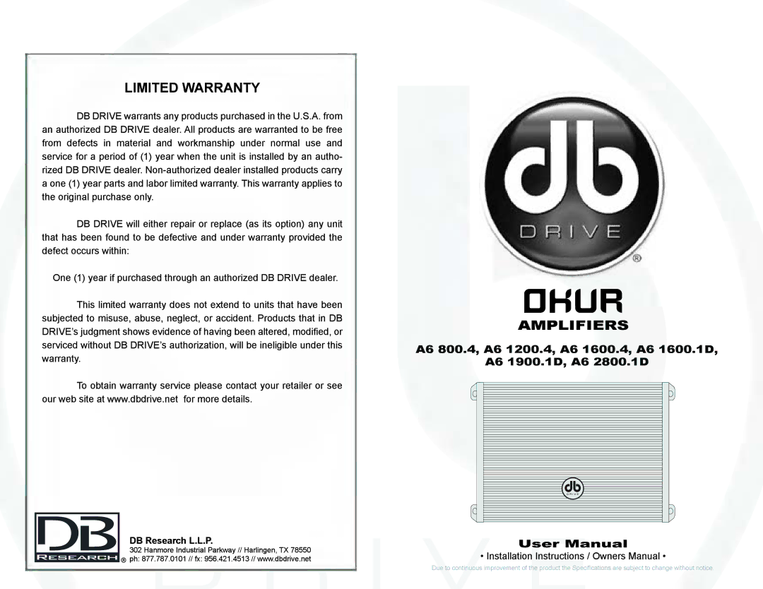 DB Drive A6 1600.1D, A6 2800.1D, A6 800.4, A6 1900.1D, A6 1200.4, DKUR Amplifiers, A6 1600.4 specifications 