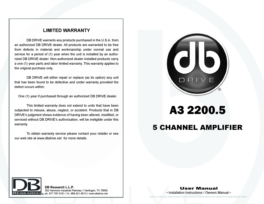 DB Drive db drive 5 CHANNEL AMPLIFIER, A3 2200.5 specifications Channel Amplifier 