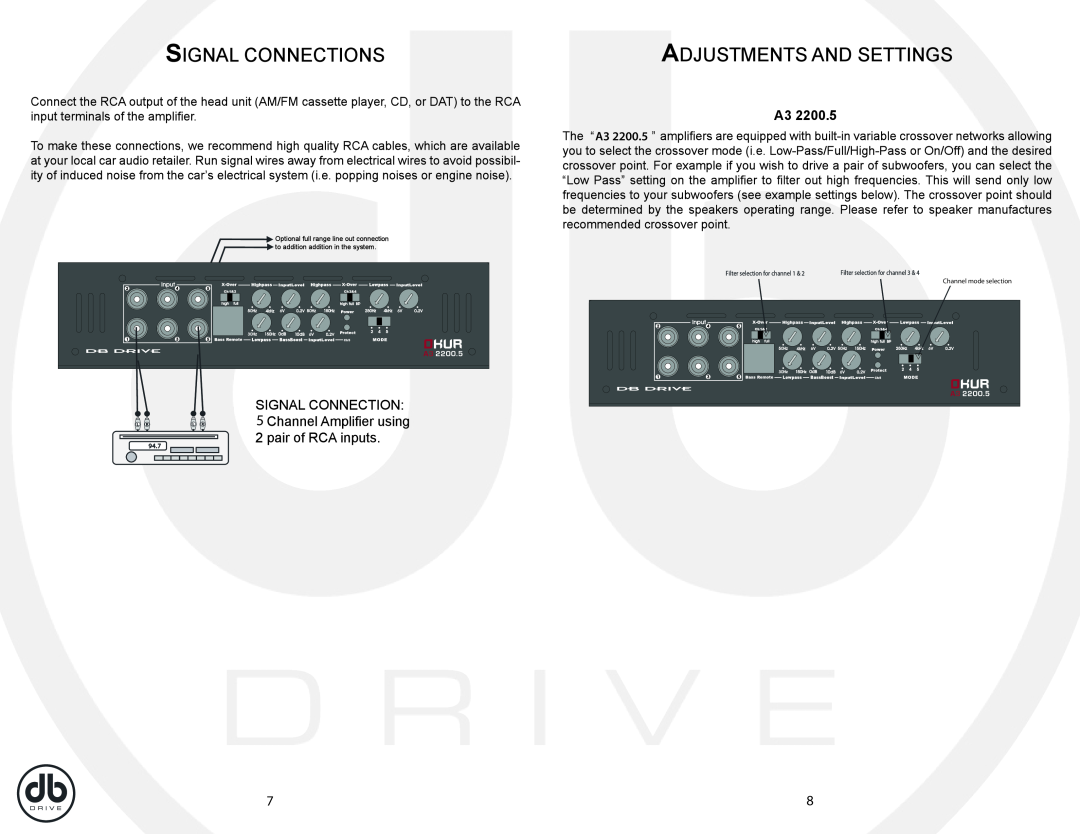 DB Drive A3 2200.5, db drive 5 CHANNEL AMPLIFIER specifications Channel mode selection 