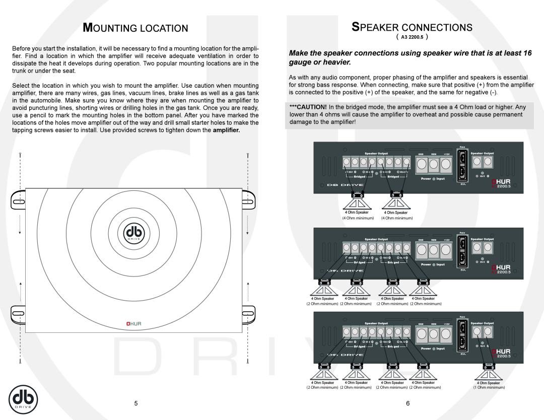 DB Drive db drive 5 CHANNEL AMPLIFIER, A3 2200.5 specifications Ohm minimum 4 Ohm minimum 