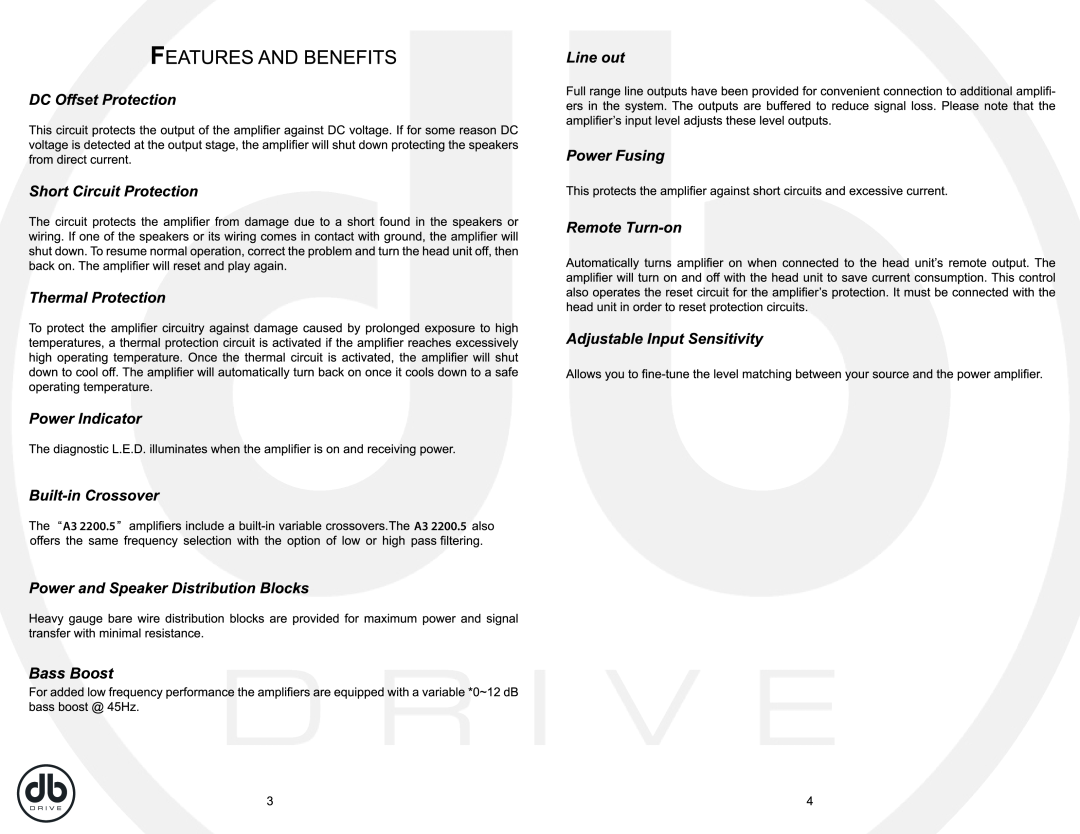 DB Drive A3 2200.5, db drive 5 CHANNEL AMPLIFIER specifications Bass Boost 