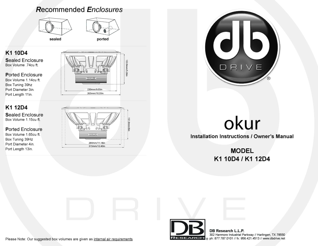 DB Drive K1 10D4 specifications K1 12D4, Sealedported, DB Research L.L.P 