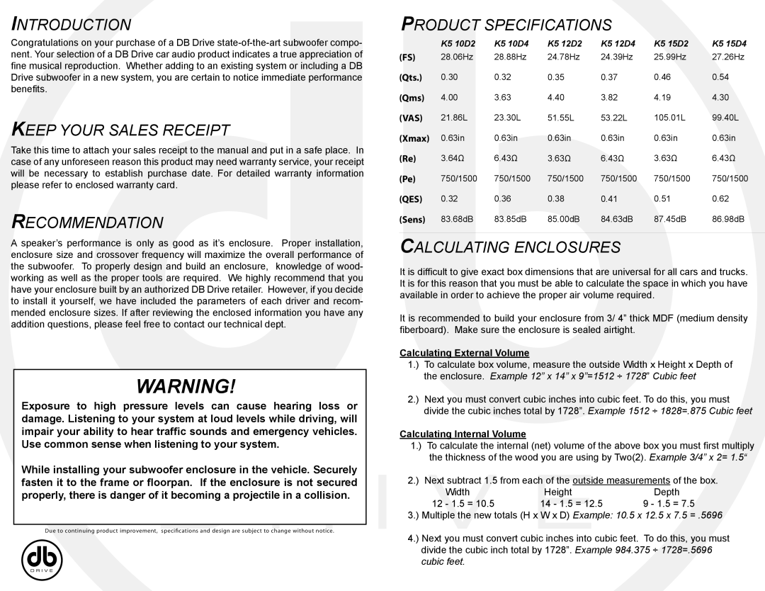 DB Drive K510D4 specifications Introduction, Keep Your Sales Receipt, Recommendation, Product Specifications 