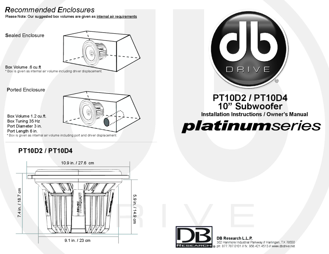 DB Drive PT10d2-d4 installation instructions Sealed Enclosure, Ported Enclosure, DB Research L.L.P 