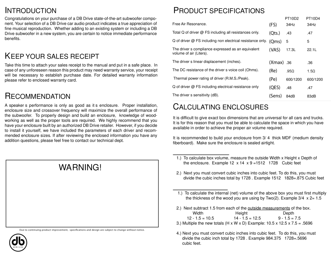 DB Drive PT10d2-d4 Introduction, Keep Your Sales Receipt, Recommendation, Product Specifications, Calculating Enclosures 