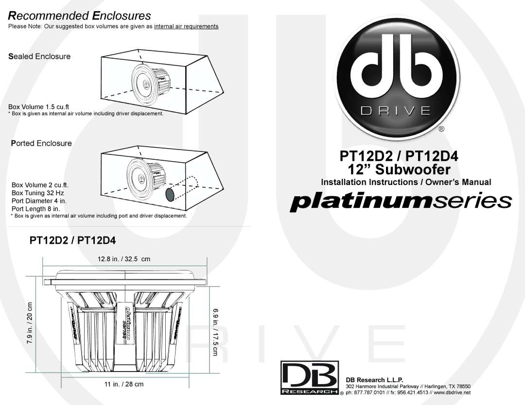 DB Drive PT12D2, PT12D4 installation instructions Sealed Enclosure, Ported Enclosure, DB Research L.L.P 