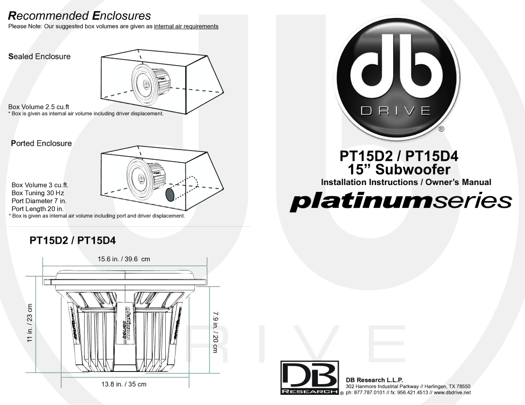 DB Drive PT15D2, PT15D4 installation instructions Sealed Enclosure, Ported Enclosure, DB Research L.L.P 