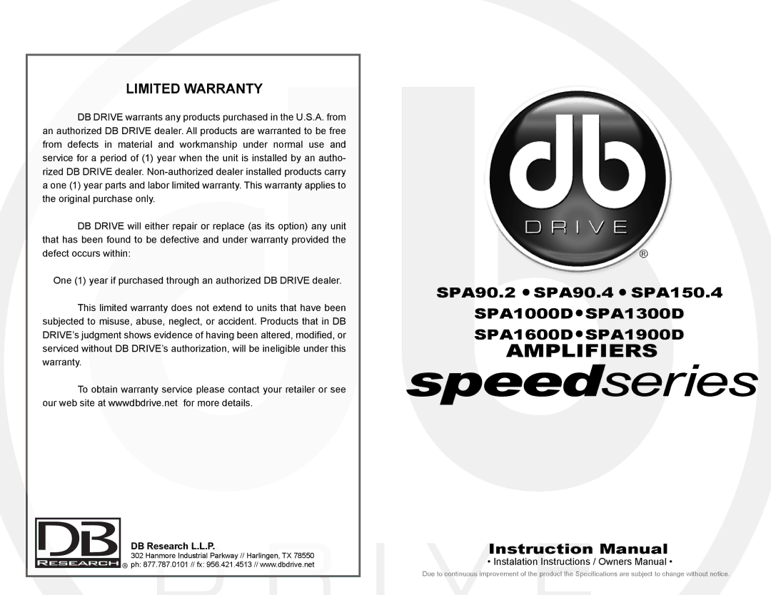 DB Drive SPA90.4, SPA150.4, SPA1600D, SPA90.2, SPA1000D, SPA1900D, SPA1300D instruction manual Amplifiers 