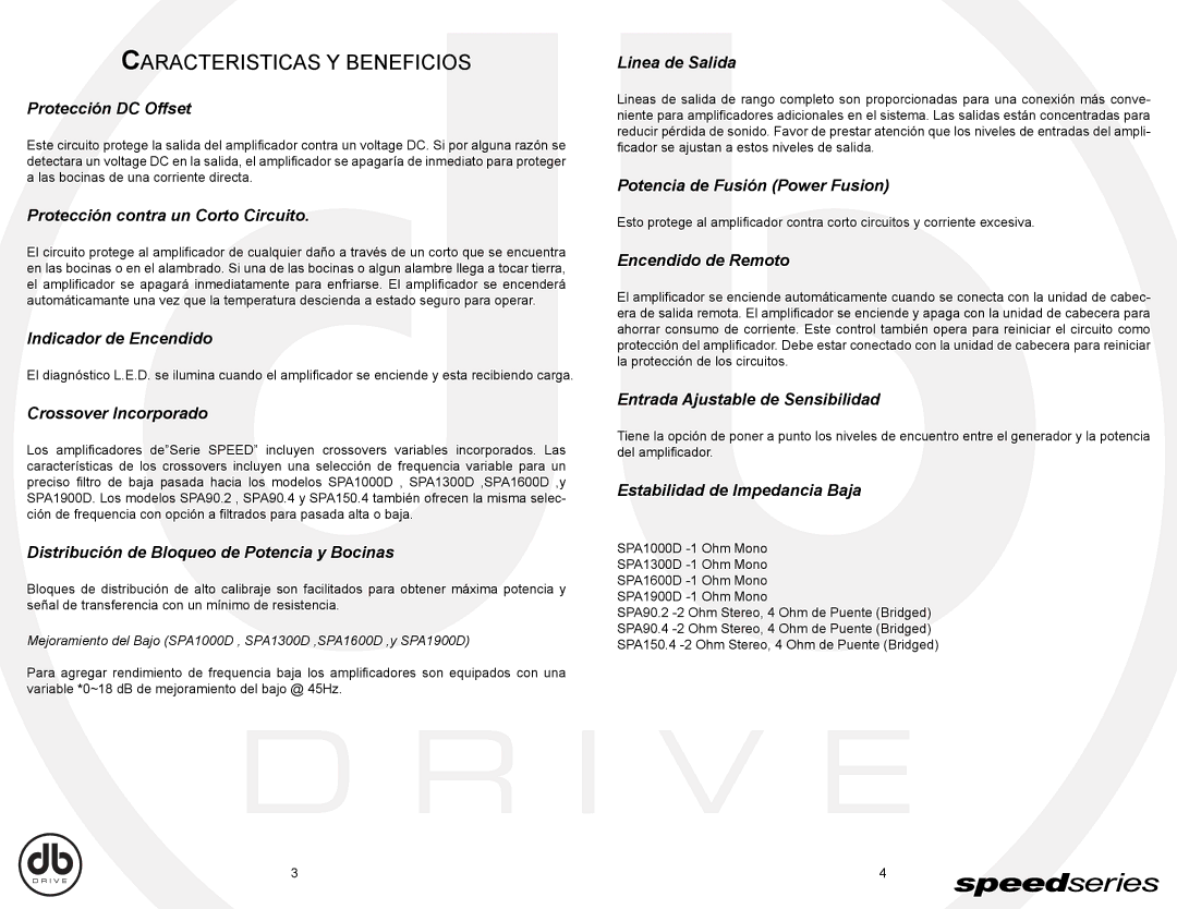 DB Drive SPA1000D, SPA150.4, SPA90.4, SPA1600D, SPA90.2, SPA1900D, SPA1300D instruction manual Caracteristicas Y Beneficios 