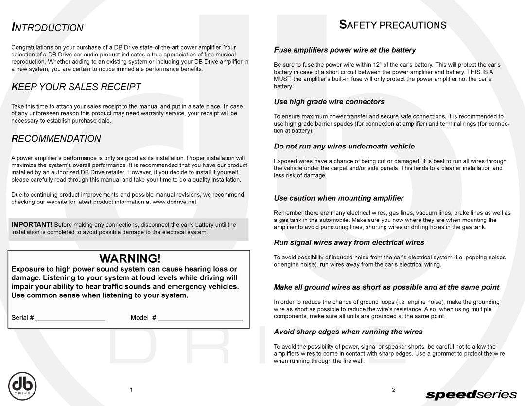 DB Drive SPA1600D, SPA150.4, SPA90.4, SPA90.2, SPA1000D, SPA1900D, SPA1300D instruction manual Safety Precautions 