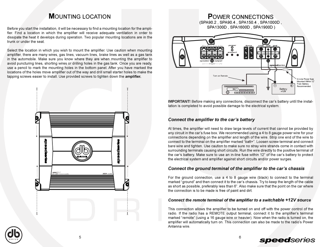 DB Drive SPA1000D, SPA150.4, SPA90.4 Mounting Location, Power Connections, Connect the amplifier to the car’s battery 