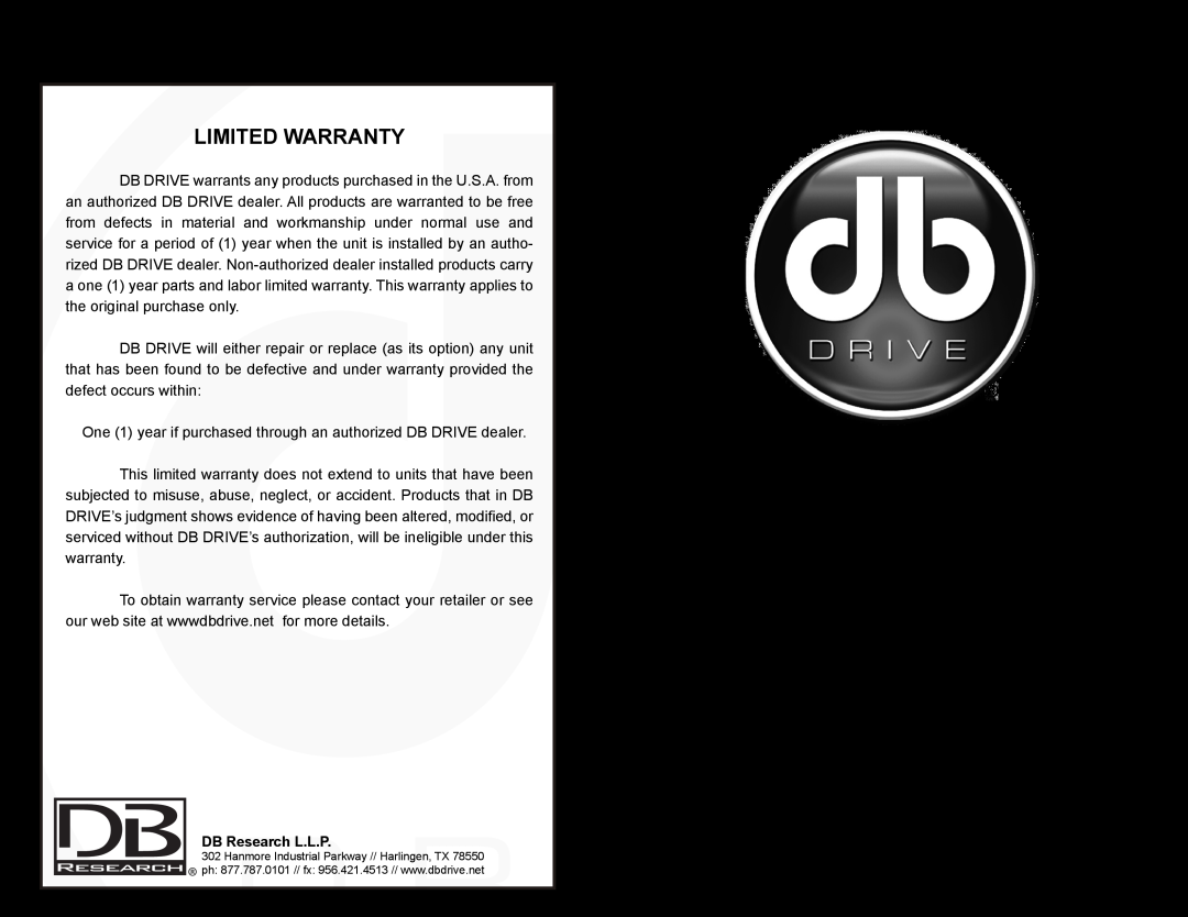 DB Drive instruction manual Limited Warranty, SPA90.2 SPA90.4 SPA150.4 SPA1000D SPA1300D SPA1600D SPA1900D, Amplifiers 