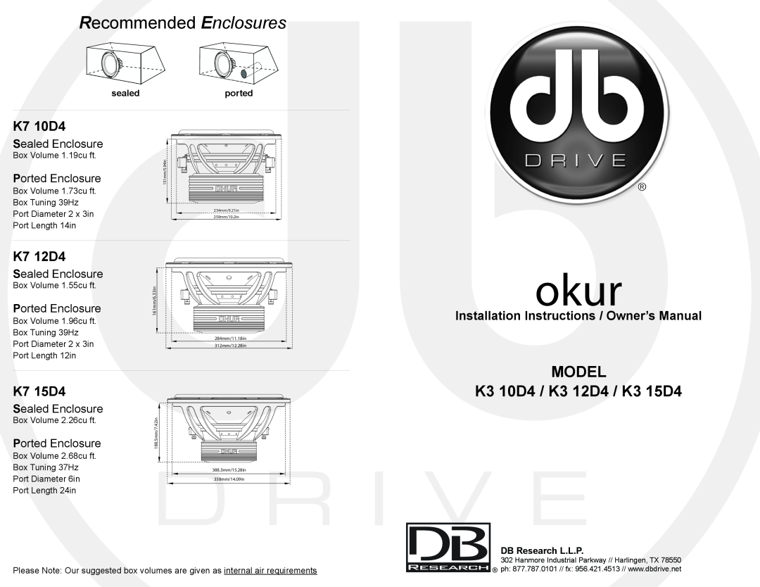 DB Drive K7 10D4 okur, Recommended Enclosures, MODEL K3 10D4 / K3 12D4 / K3 15D4, K7 12D4, K7 15D4, Sealed Enclosure 