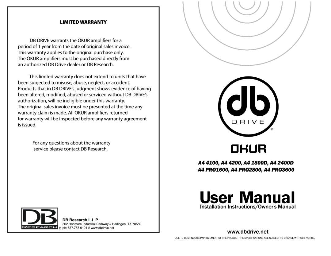 DB Industries A4 PRO1600, Amplifier, A4 4200, A4 PRO2500, A42400D, A4 PRO3600, A4 4100, A4 1800D manual 