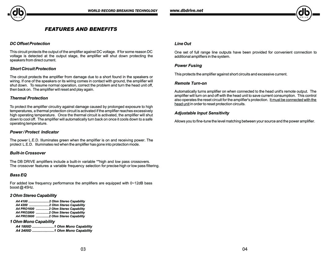 DB Industries A4 PRO2500, Amplifier, A4 PRO1600, A4 4200, A42400D, A4 PRO3600, A4 4100, A4 1800D manual 