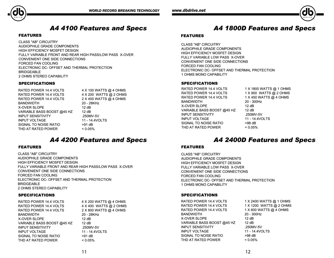 DB Industries A4 1800D, Amplifier, A4 PRO1600, A4 4200, A4 PRO2500, A42400D, A4 PRO3600, A4 4100 manual 