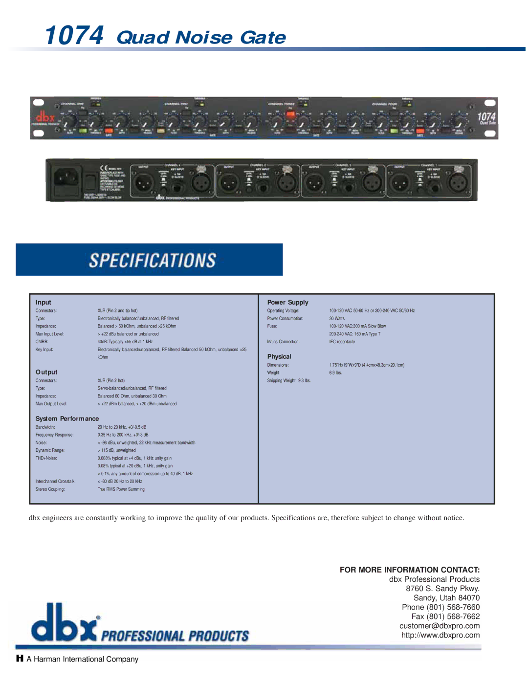 dbx Pro 1074 manual Quad Noise Gate, Input Power Supply, Physical, Output, System Performance 