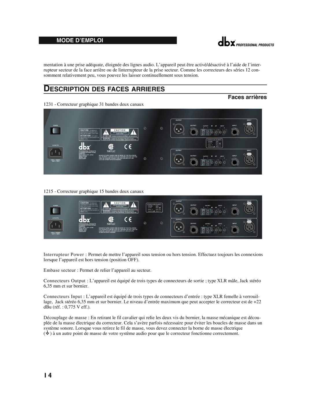 dbx Pro 12 Series operation manual Description DES Faces Arrieres, Faces arrières 