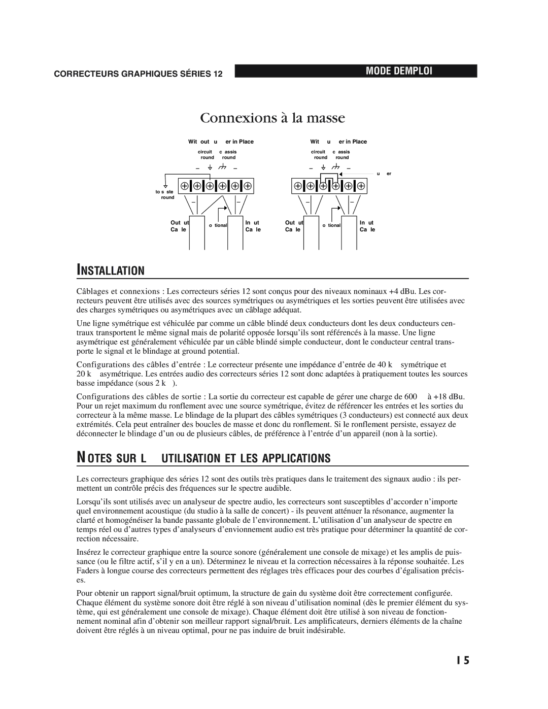 dbx Pro 12 Series operation manual Connexions à la masse, Installation 