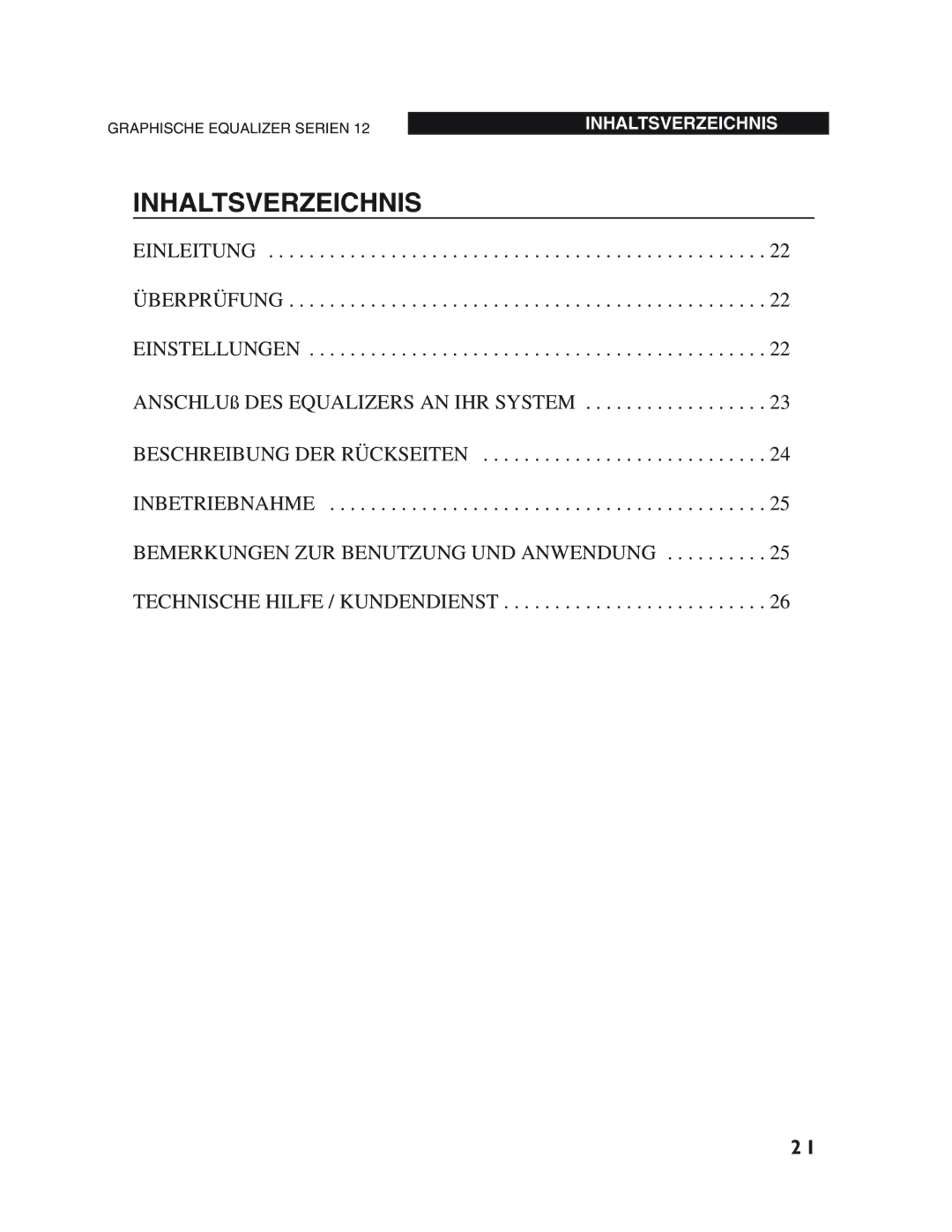 dbx Pro 12 Series operation manual Inhaltsverzeichnis, ANSCHLUß DES Equalizers AN IHR System 