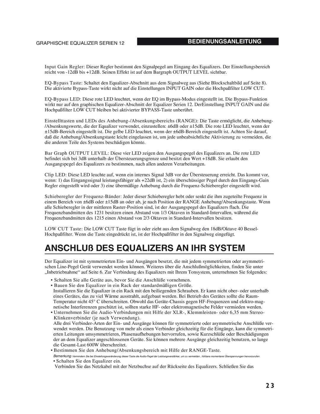 dbx Pro 12 Series operation manual ANSCHLUß DES Equalizers AN IHR System 