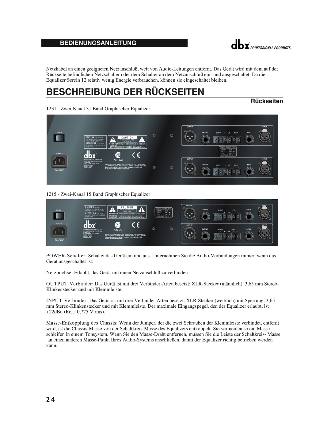 dbx Pro 12 Series operation manual Beschreibung DER Rückseiten 