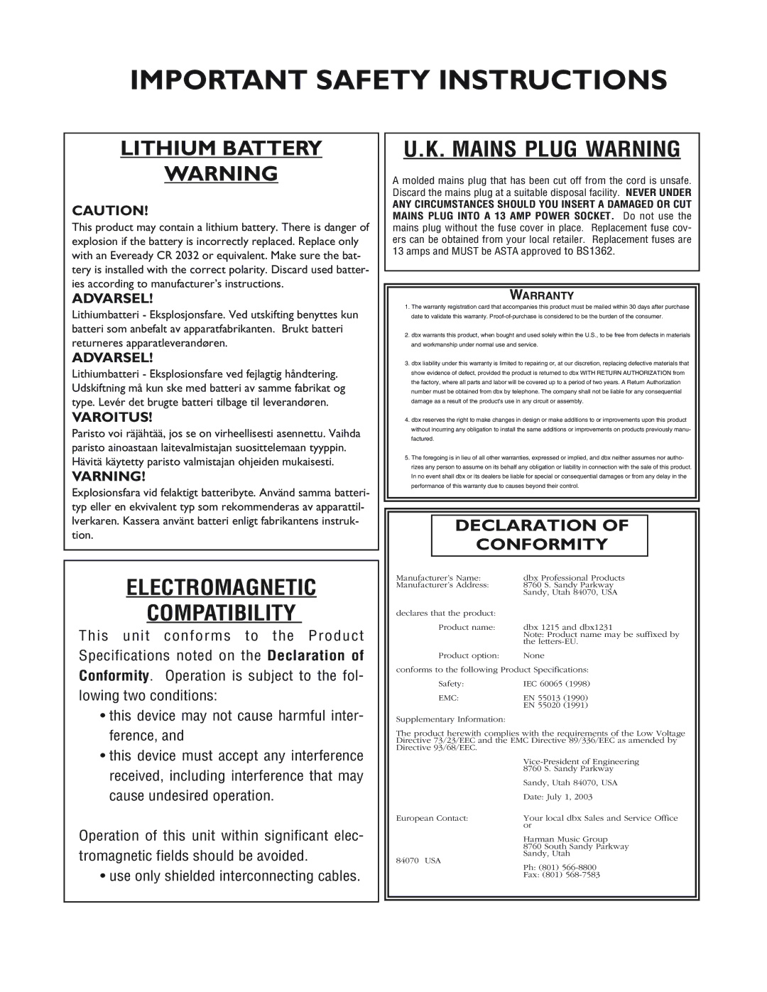 dbx Pro 12 Series operation manual Electromagnetic Compatibility, Mains Plug Warning 