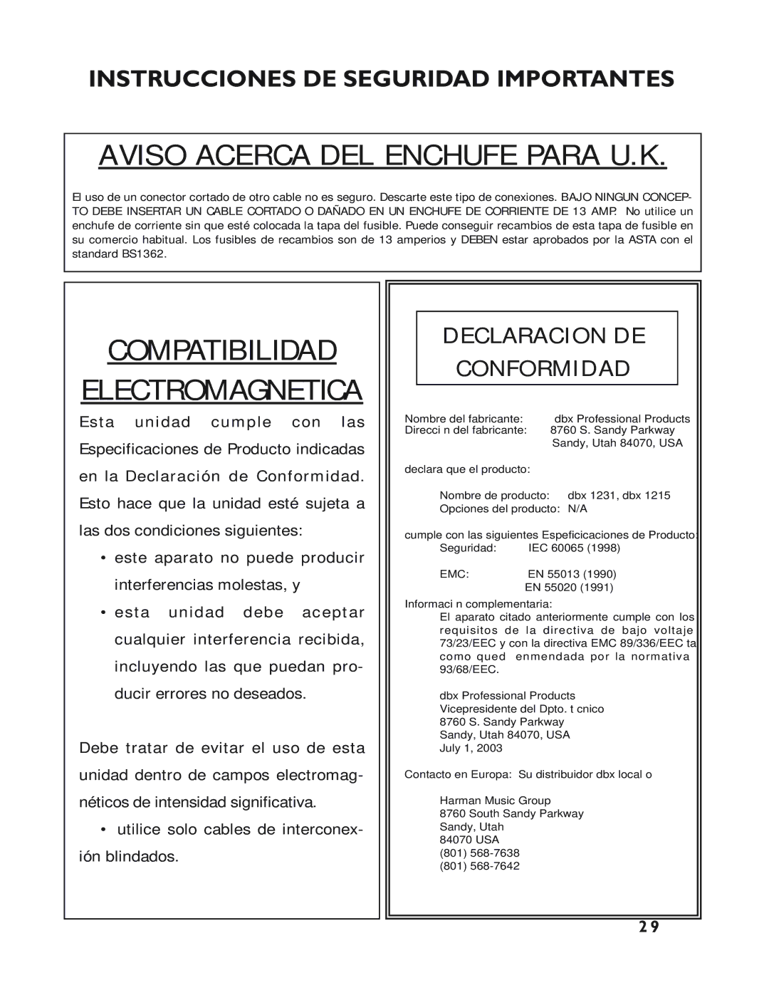 dbx Pro 12 Series operation manual Aviso Acerca DEL Enchufe Para U.K 