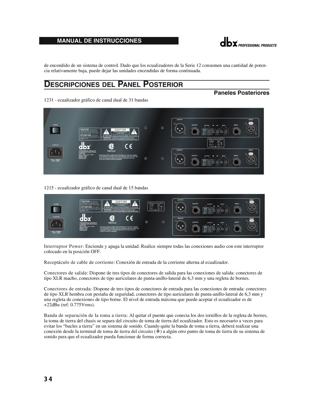 dbx Pro 12 Series operation manual Descripciones DEL Panel Posterior, Paneles Posteriores 