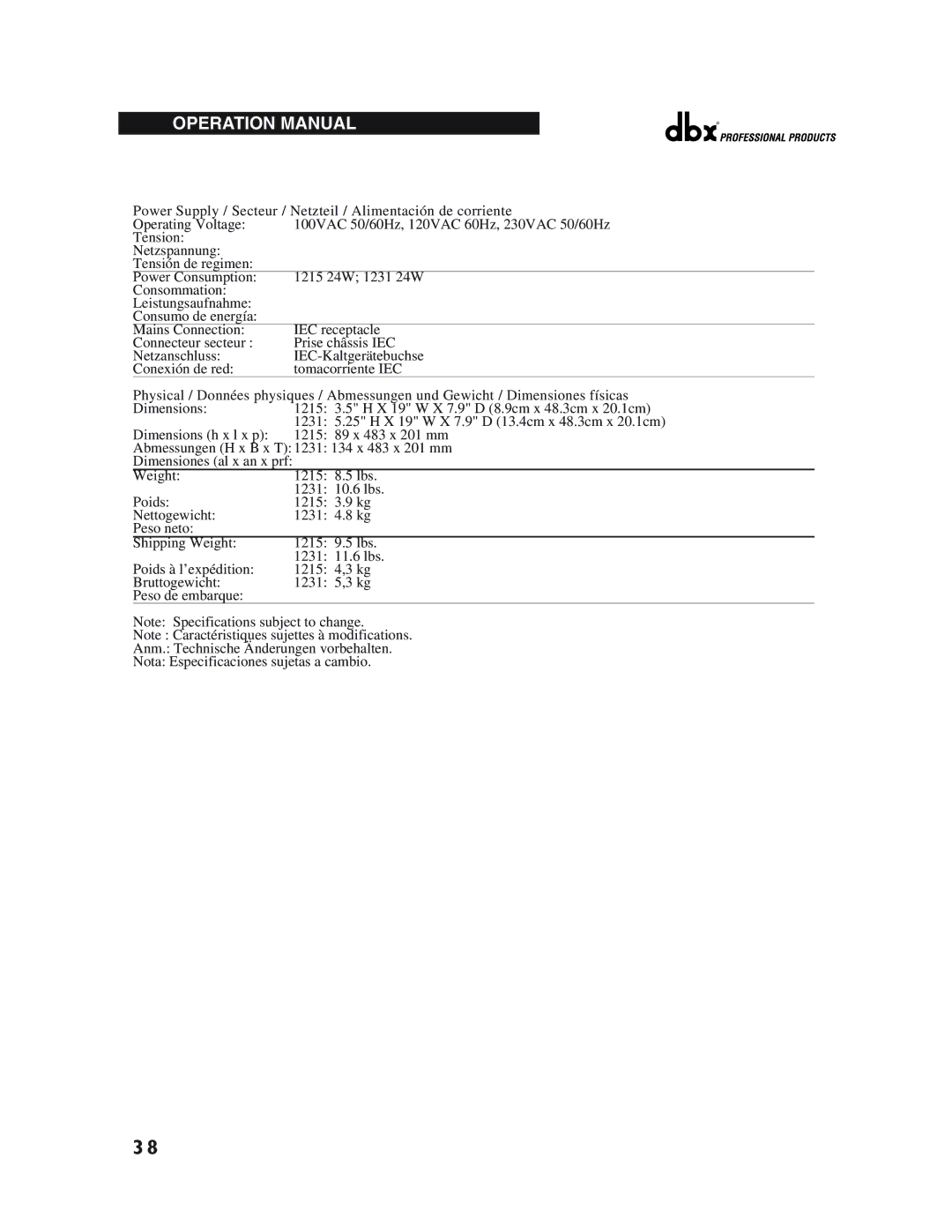 dbx Pro 12 Series operation manual Dimensiones al x an x prf 