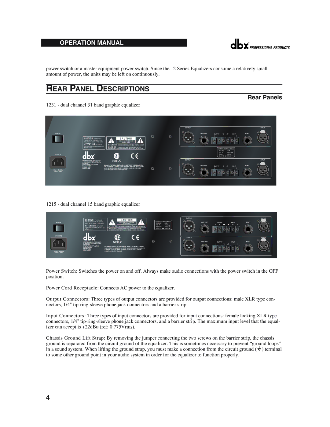 dbx Pro 12 Series operation manual Rear Panel Descriptions, Rear Panels 