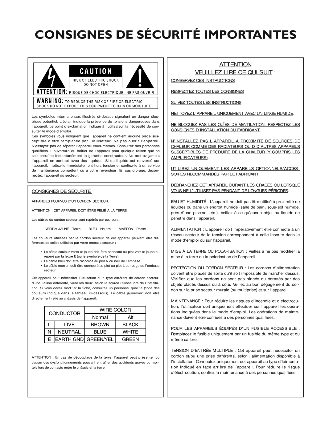 dbx Pro 12 Series operation manual Consignes De Sécurité Importantes, Veuillez Lire Ce Qui Suit, C A U T I O N 