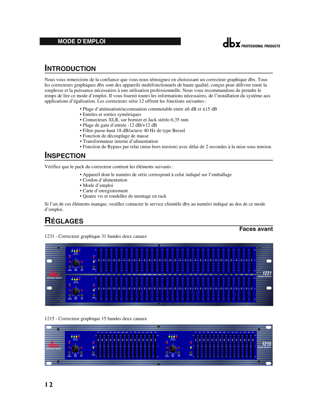 dbx Pro 12 Series operation manual Introduction, Inspection, Réglages, Mode D’Emploi, Faces avant, 1231, 1215 