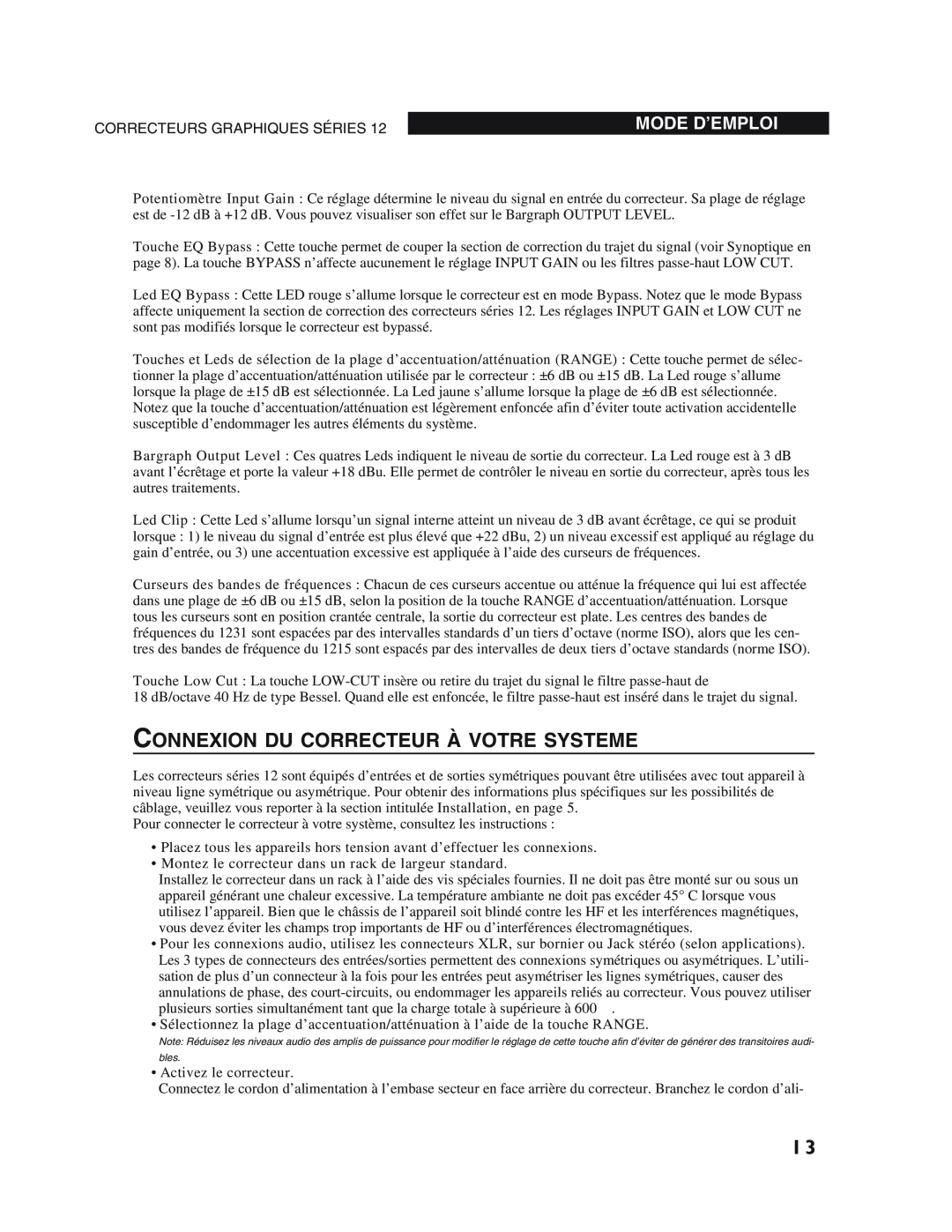 dbx Pro 12 Series operation manual Connexion Du Correcteur À Votre Systeme, Mode D’Emploi 
