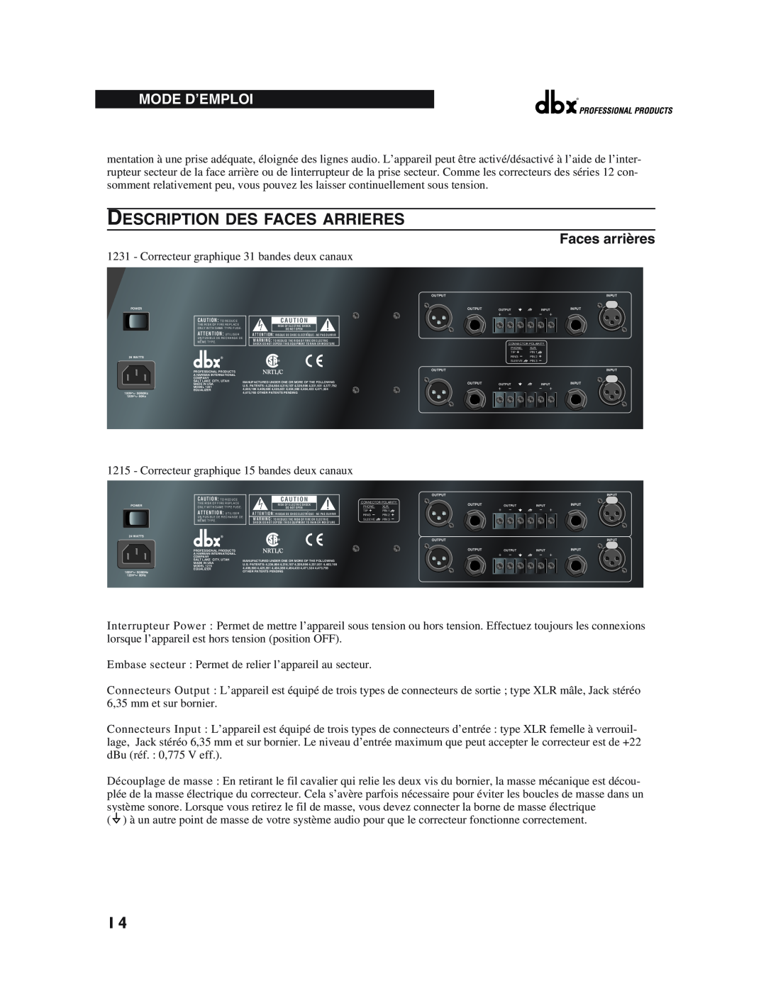 dbx Pro 12 Series operation manual Description Des Faces Arrieres, Mode D’Emploi, Faces arrières 