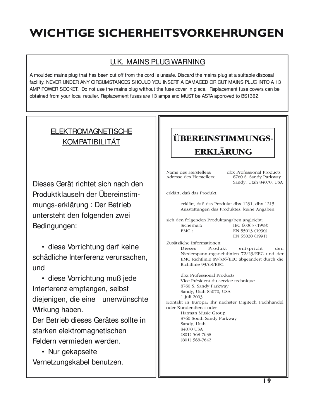 dbx Pro 12 Series operation manual Übereinstimmungs Erklärung, Wichtige Sicherheitsvorkehrungen, U.K. Mains Plug Warning 