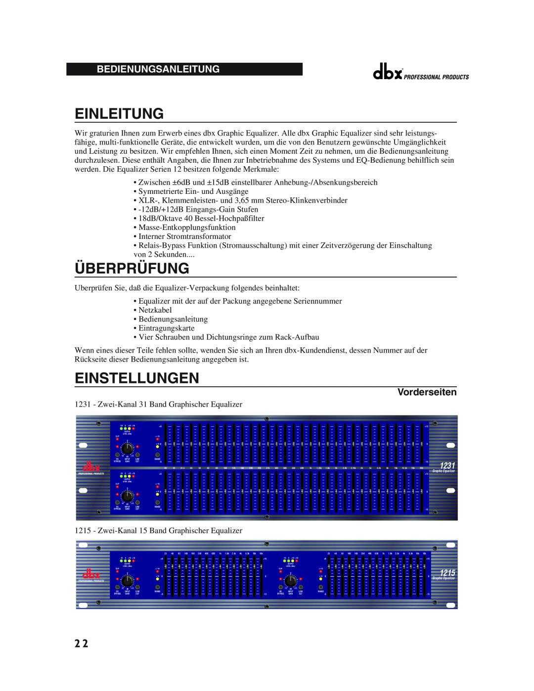 dbx Pro 12 Series operation manual Einleitung, Überprüfung, Einstellungen, Bedienungsanleitung, Vorderseiten, 1231, 1215 