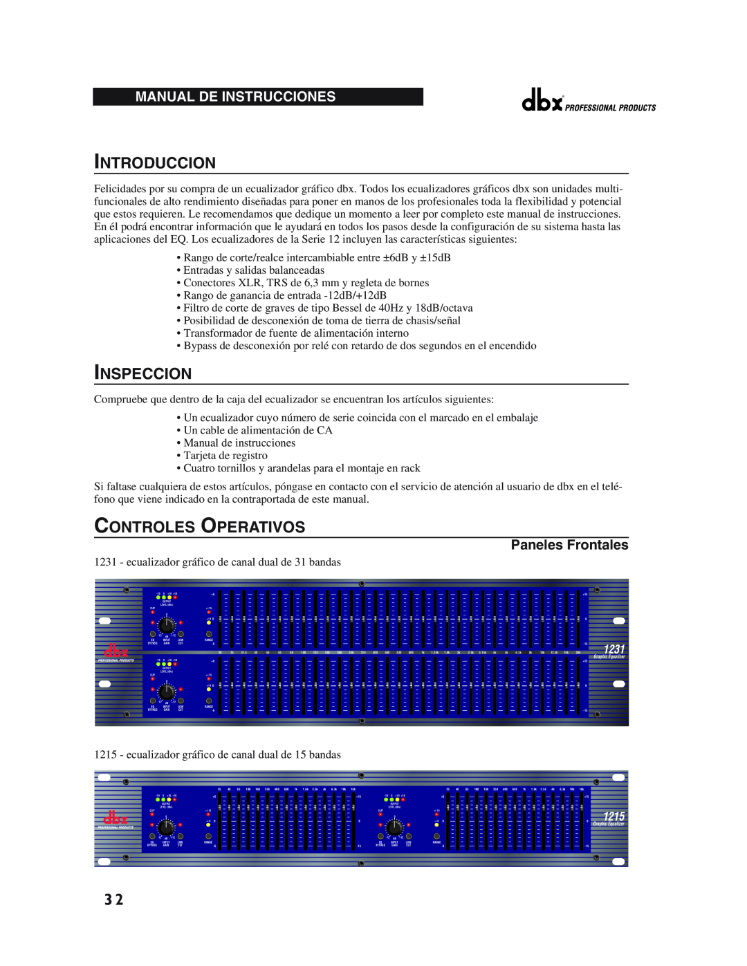 dbx Pro 12 Series Introduccion, Inspeccion, Controles Operativos, Manual De Instrucciones, Paneles Frontales, 1231, 1215 