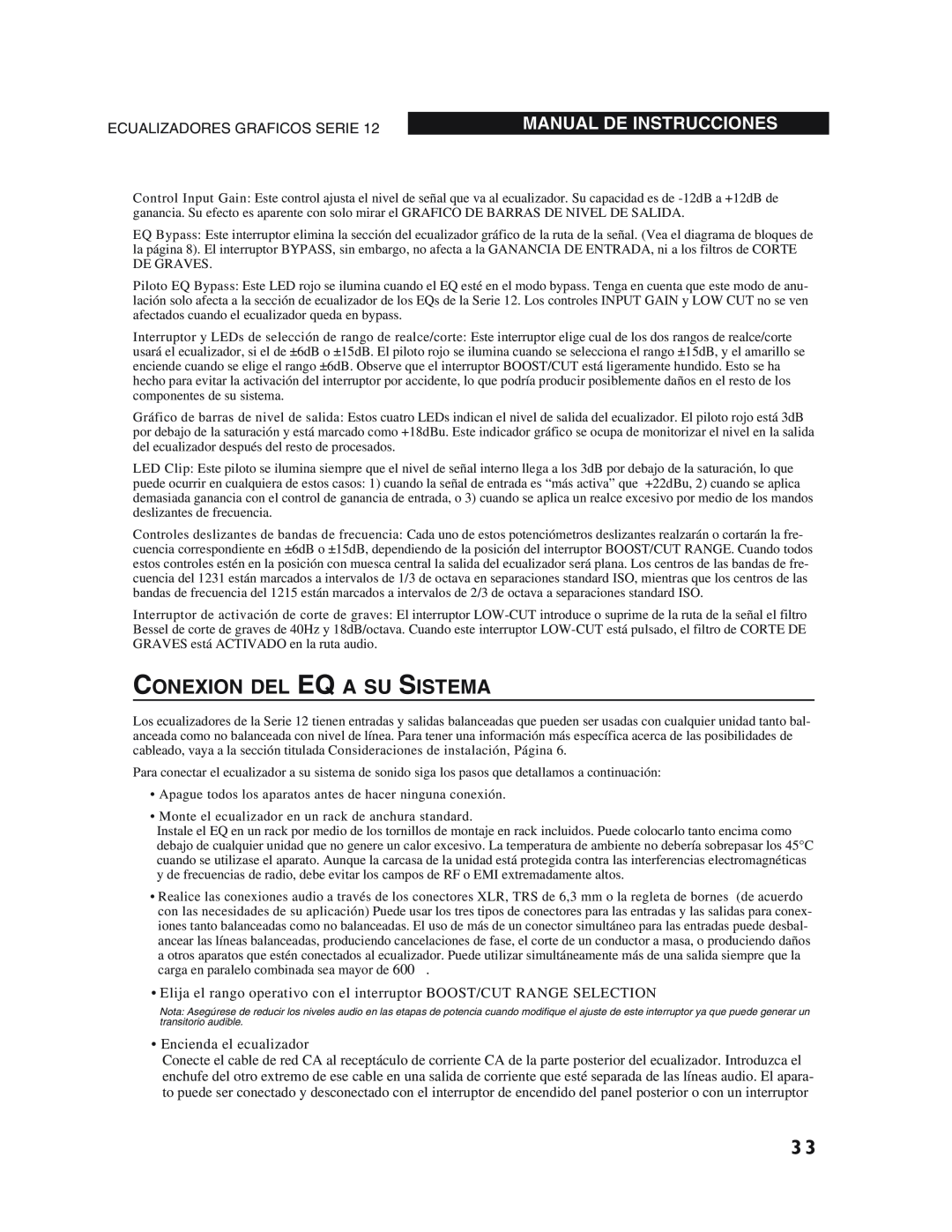 dbx Pro 12 Series operation manual Conexion Del Eq A Su Sistema, Manual De Instrucciones, Ecualizadores Graficos Serie 
