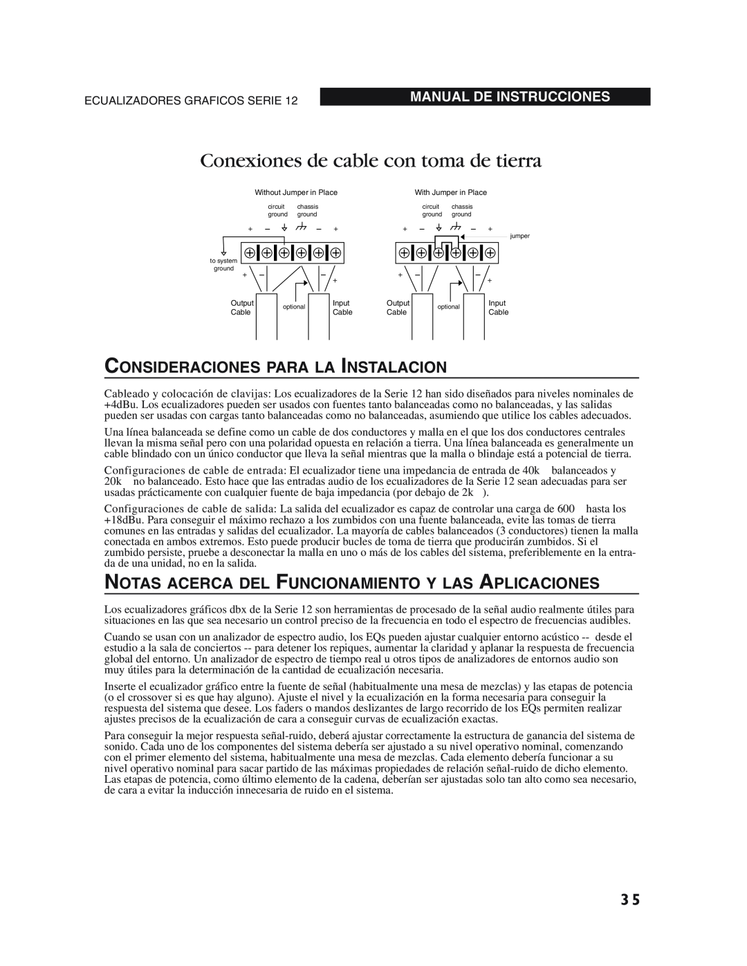 dbx Pro 12 Series Conexiones de cable con toma de tierra, Consideraciones Para La Instalacion, Manual De Instrucciones 