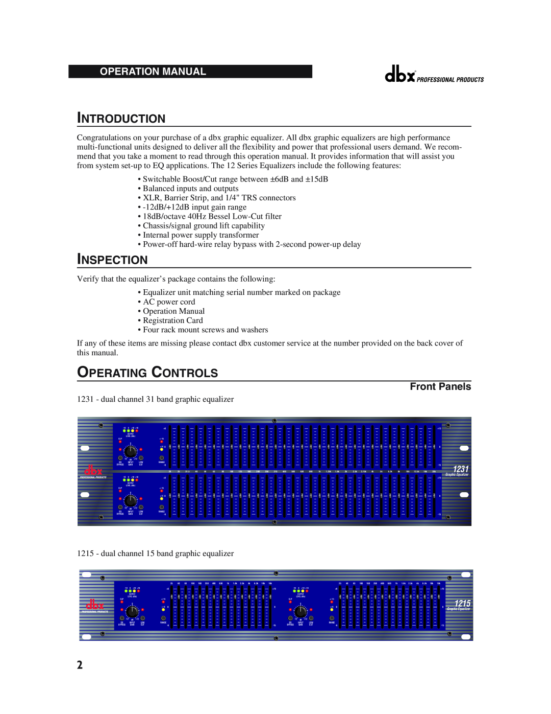 dbx Pro 12 Series operation manual Introduction, Inspection, Operating Controls, Front Panels, 1231, 1215 