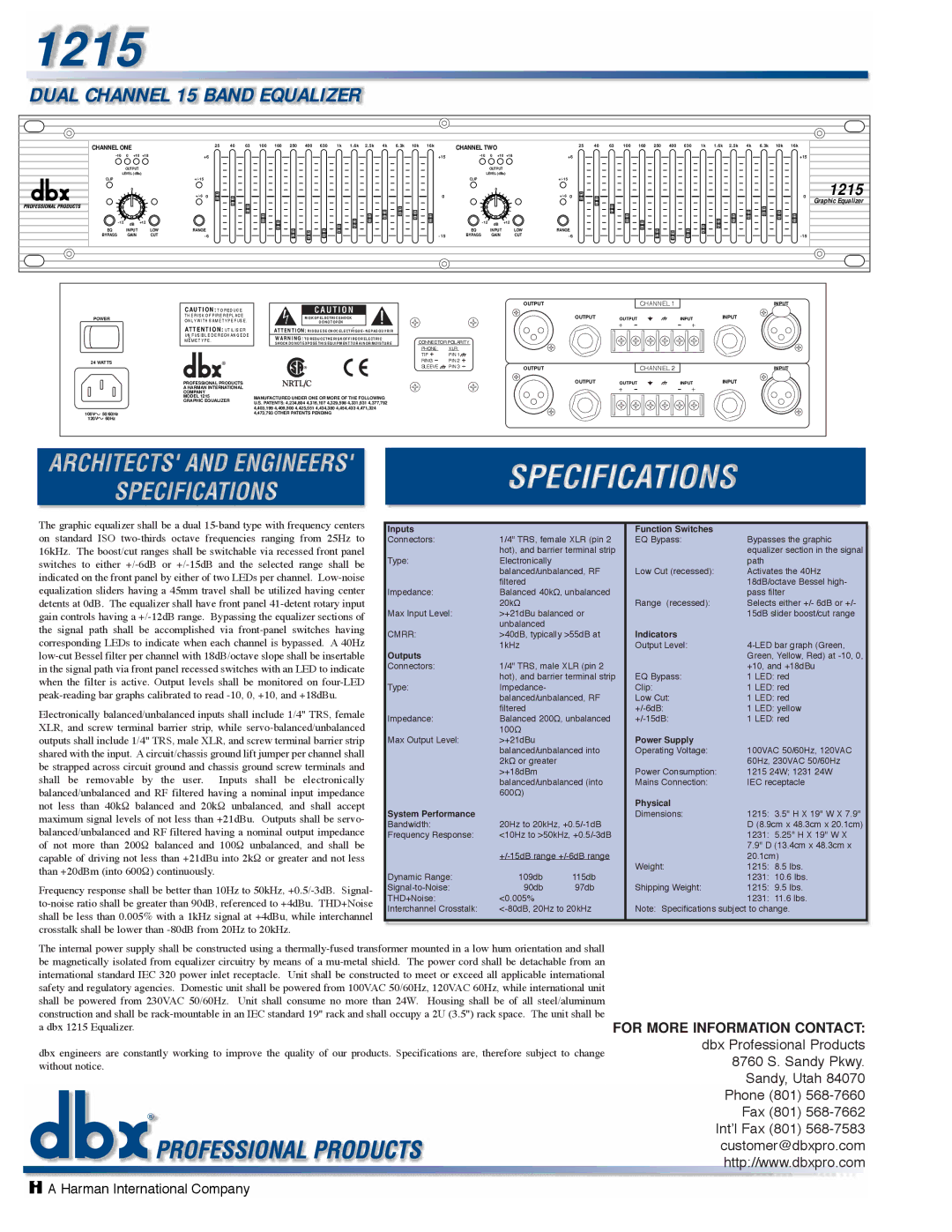 dbx Pro 1215 manual Dual Channel 15 Band Equalizer, For More Information Contact, Graphic Equalizer 