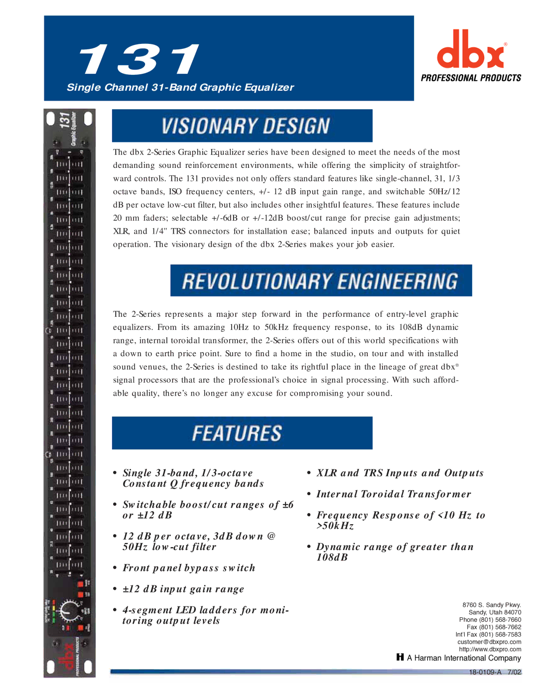 dbx Pro 131 specifications Single Channel 31-Band Graphic Equalizer 