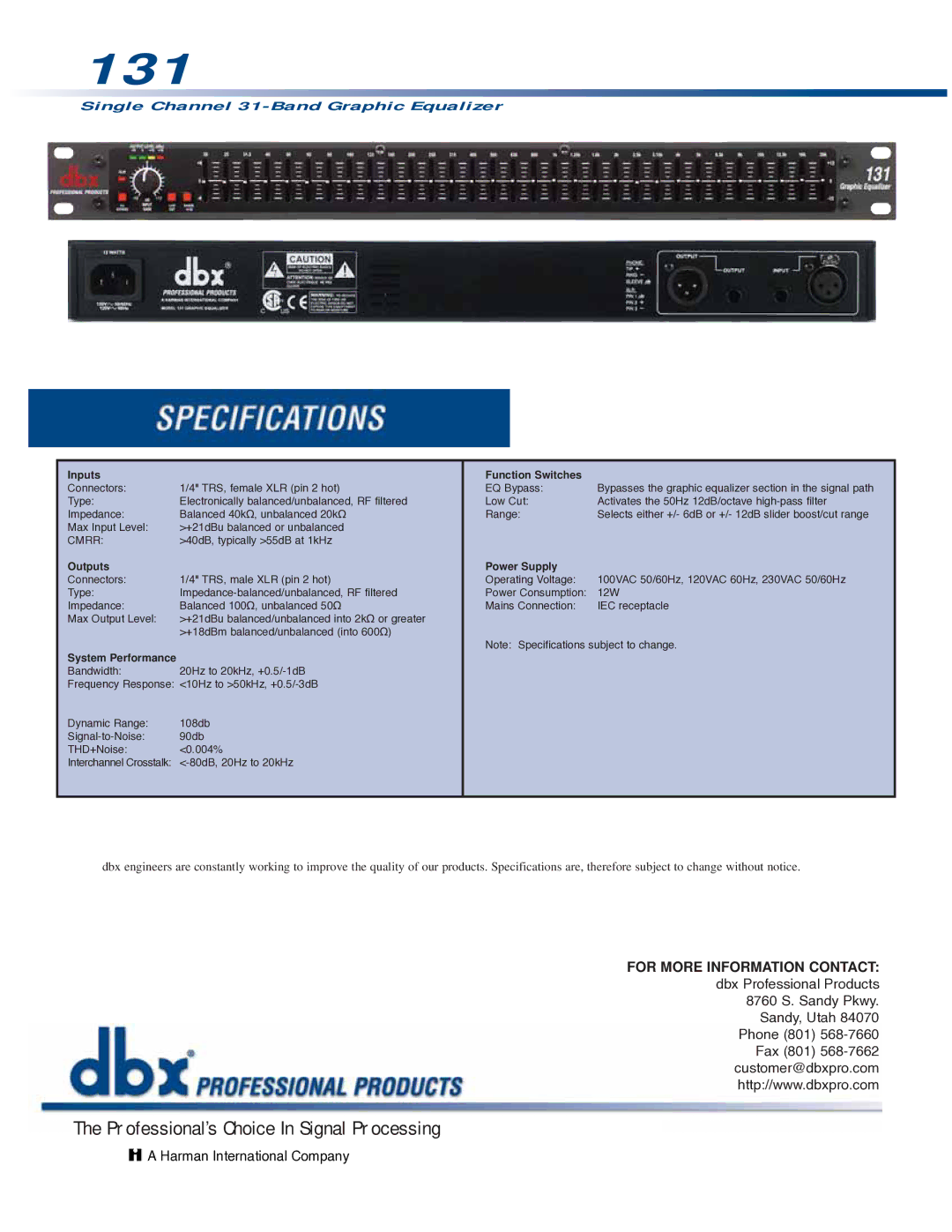 dbx Pro 131 Single Channel 31-Band Graphic Equalizer, Inputs Function Switches, Outputs Power Supply, System Performance 