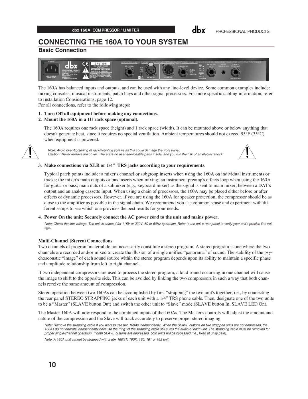 dbx Pro manual Connecting the 160A to Your System, Basic Connection 